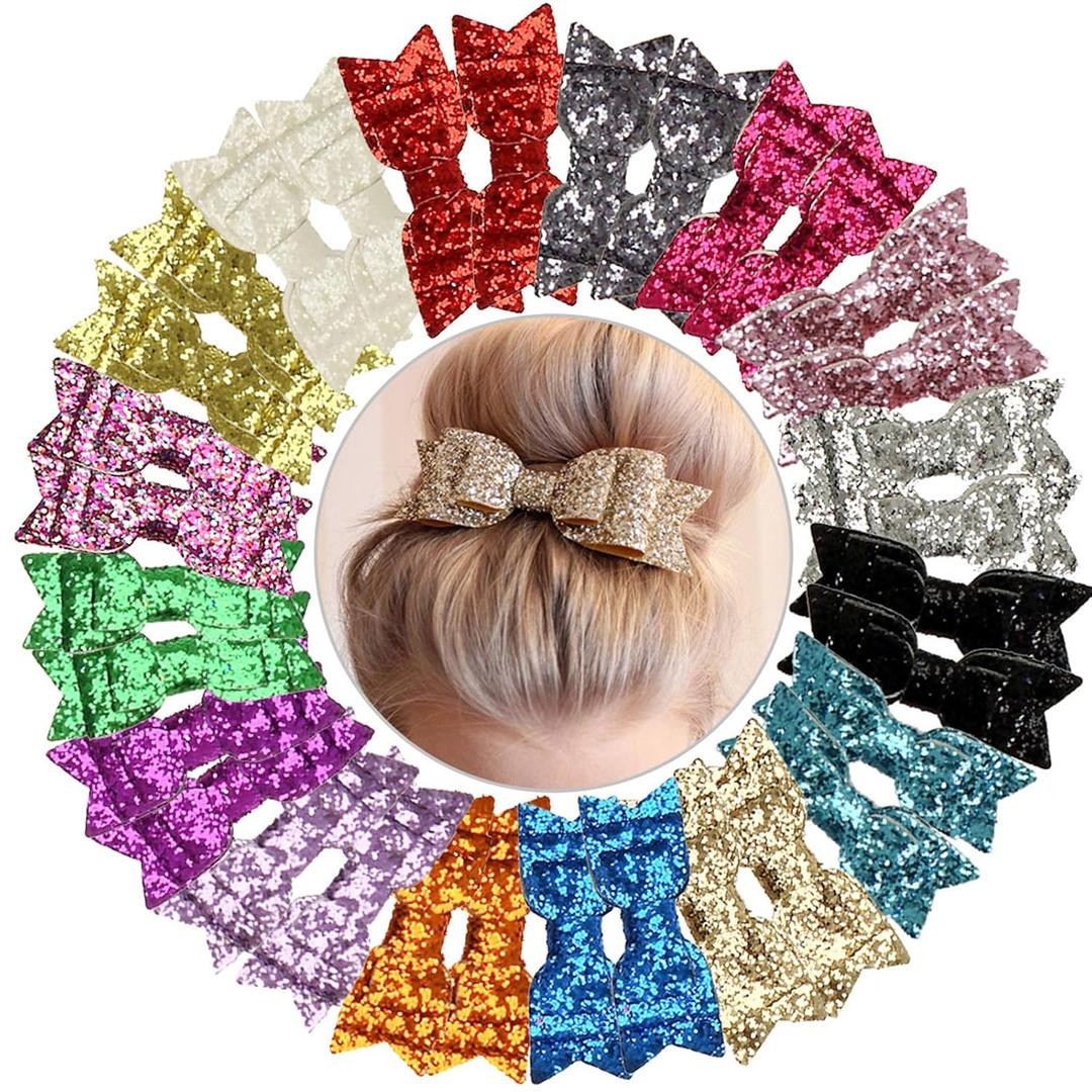 YOPAY 32 Pack 3.5 inch Glitter Hair Bows, 16 Colors Kids Girls Pigtail Bows Clips Barrettes with Alligator Clips, Sparkly Sequin Hair Clips for Girls Kids Teens