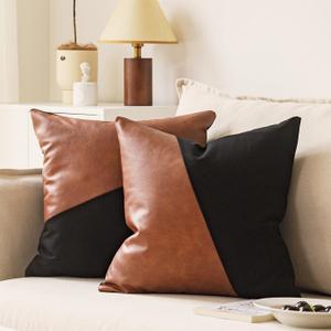 Set of 2 Black and Brown Faux Leather Throw Pillow Covers 20X20 Inch Boho Modern Farmhouse Cotton Decorative Pillows for Couch Living Room Bedroom, Cognac