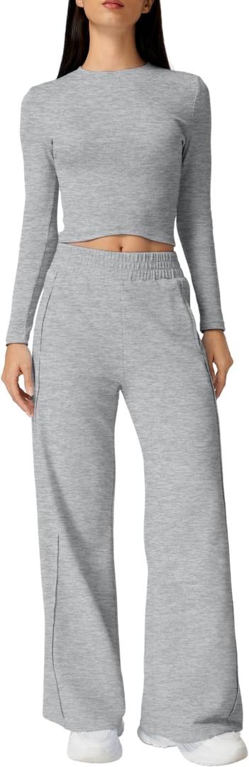 QINSEN Womens 2 Piece Sets Long Sleeve Slim Fit Crop Tops Wide Leg Pants Matching Lounge Set (Medium, Grey)