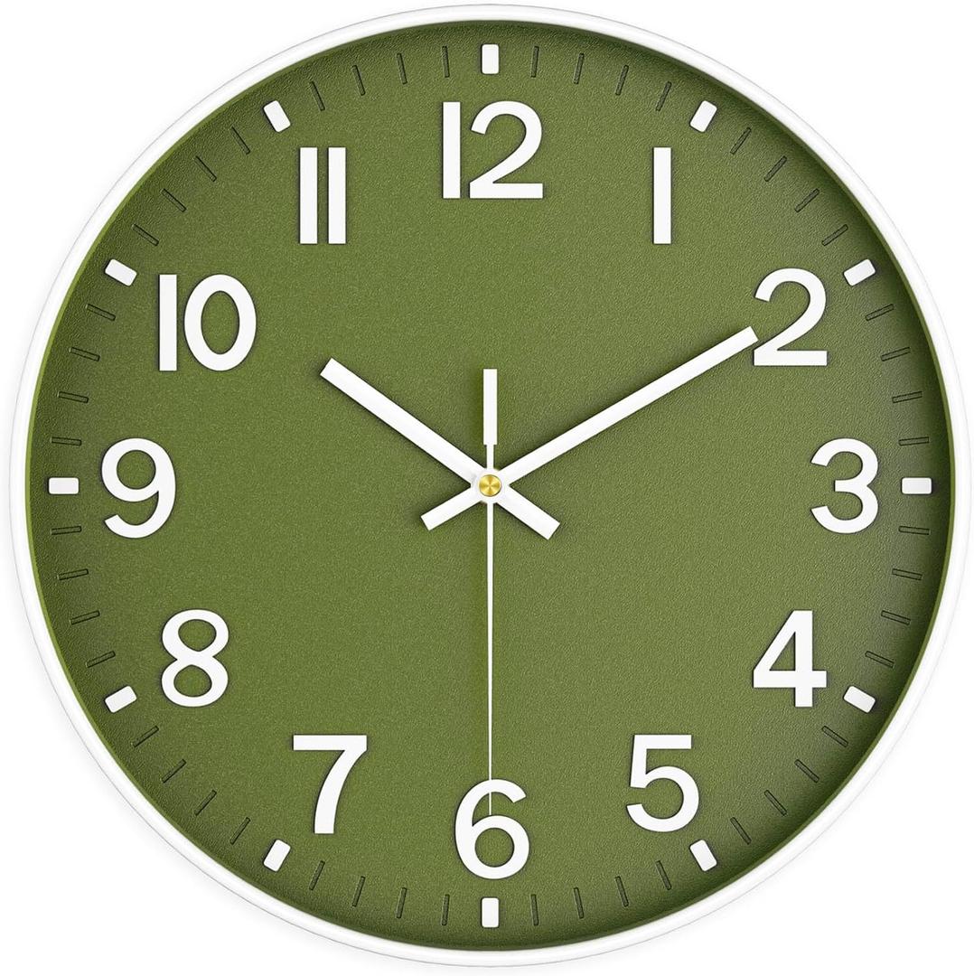 Modern Wall Clock, 10 Inch Digital Wall Clocks Battery Operated, Round Non Ticking Silent Analog Clock for Bedroom Living Room Kitchen Office Gym Classroom Decor, Olive Green