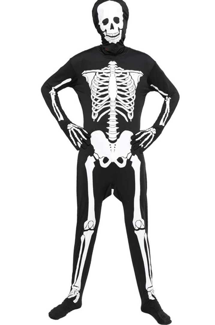 EraSpooky Halloween Men Skeleton Jumpsuit Costume Luminous Skull Skin Full Body Tights Suit, XXL