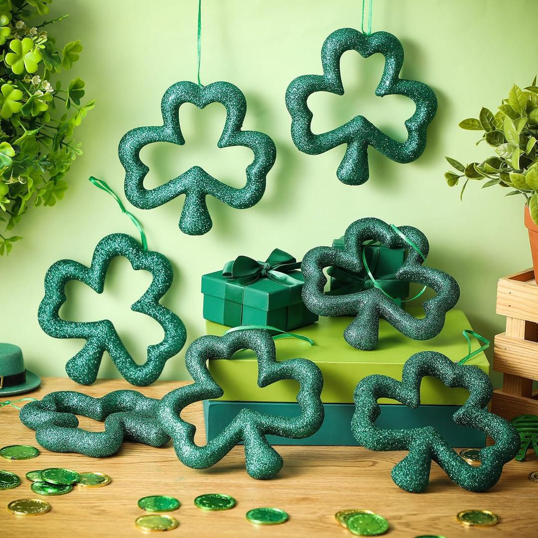 Roowest 12 Pcs Large St. Patrick's Day Shamrocks Ornament for Tree 3D Glitter Green Shamrock Hanging Ornament Wreath 5.9 Inch DIY Wreath for Irish Festival Front Door Tree Home Wall Window Decor