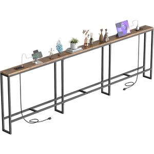 102 Inch Extra-Long Narrow Console Table with Charging Station (2 Outlets + USB-C), Sofa Table,Behind Couch Table with 3-Tier Storage Shelves for Entryway & Small Spaces (Rustic Brown), 102.4 Inch