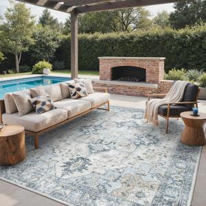 GENIMO 9x12 Outdoor Rug, Washable Quick Dry for Patio, Blue | Vintage boho medallion design for gazebo; lightweight chenille with quick-dry non-slip backing for indoor dining area