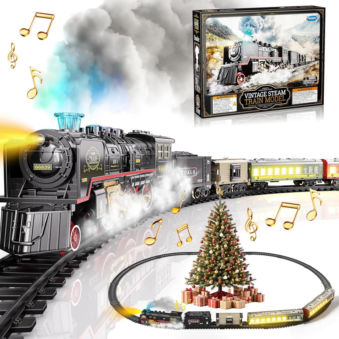Funwee Train Set with Glowing Passenger Carriages for Under Christmas Tree,Electric Train Toy with Smoke,Light and Sound,Birthday Gifts Idea for 3 4 5 6 7+ Years Old Toddler Boys and Girls