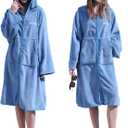 Hiturbo Surf Poncho Zipper Towel Hoodie: Oversized Hooded Wetsuit Changing Robe with Pocket - Plush Coral Fleece Swimwear for Home Beach Pool Bath - Blue