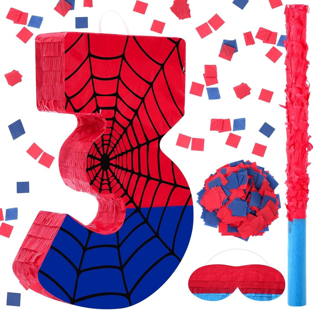 Number 3 Spider Web Piata Bundle with Blindfold Small Piata for Kids Birthday Party Decoration Mexican Fiesta Cinco De Mayo Anniversary Celebration Gift, 15.75 x 11 x 2.8 In(Red Blue)