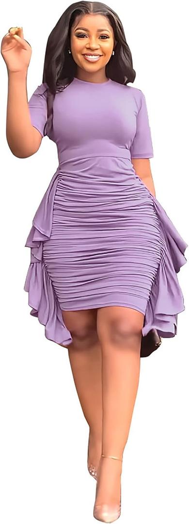 acelyn Womens Sexy Summer Ruched Bodycon Midi Dress Casual Short Sleeve Ruffle Side Fitted Dresses (Small, Purple)