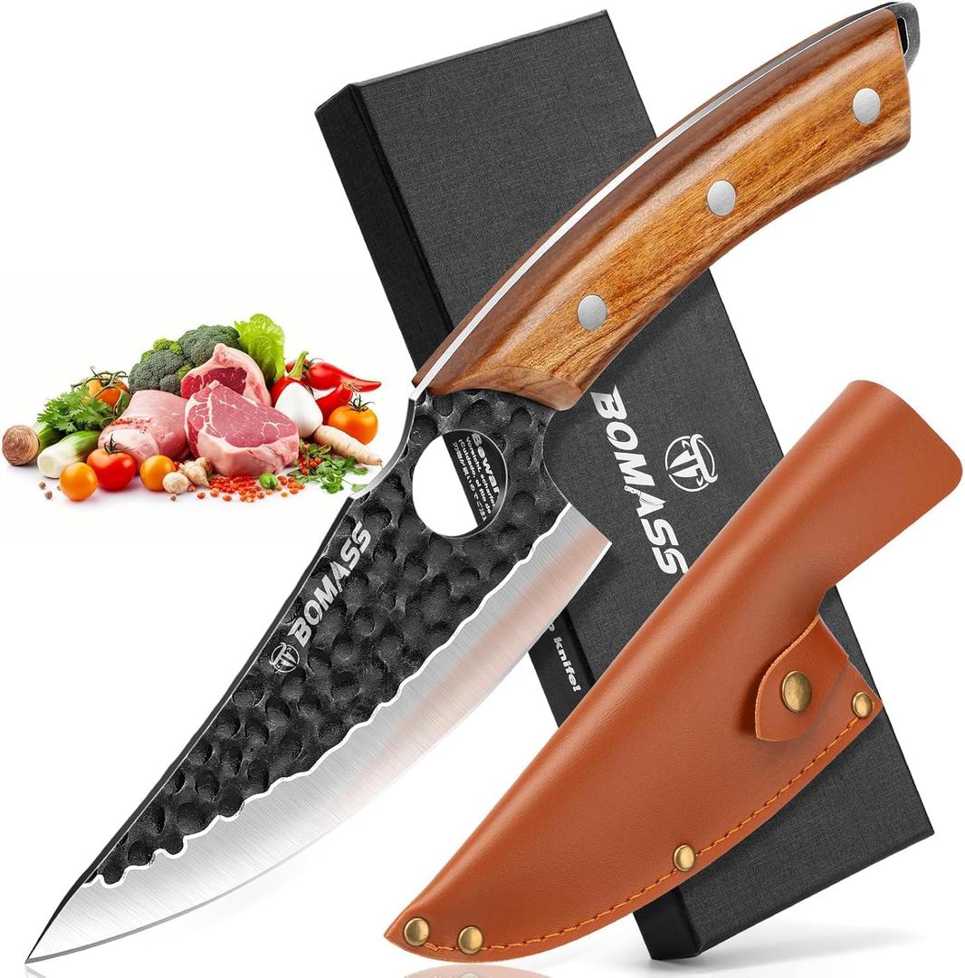 Japanese Chef Knife, Hand Forged Santoku Boning Knife for Cooking, Viking Butcher Knife for Meat Cutting, High Carbon Steel Sharp Cleaver Chopping Knife Kitchen, Camping, BBQ, Outdoor Gift for Men