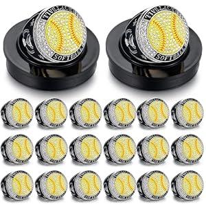 Highergo 20 Pcs Football Basketball Softball Championship Rings with Display Neck Chain and Stand Baseball Volleyball Soccer Cheer Trophy Rings Bulk for Tournament Award Gift(Silver, Softball)