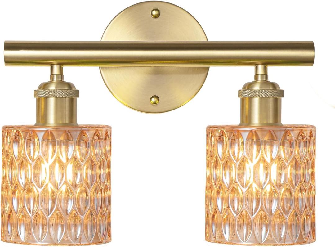 Bathroom Vanity Light, Gold Wall Fixture Over Mirror, Amber Glass Shade Lighting with Bulbs Included for Bedroom & Living Room, 2-Lights