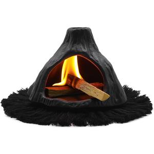 Ceramic Palo Santo Holder Burner,Incense Cone Holder,Mini Chiminea for Palo Santo Sticks and Sage Burner,with Handmade Heat Insulated Mat,Dust Brush,Metal Tweezer. (Black Volcano)