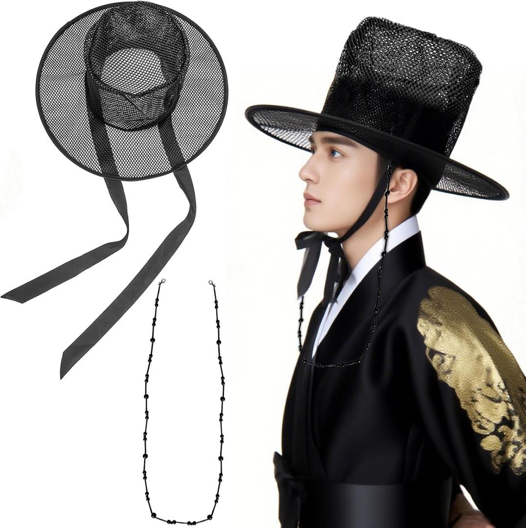 Vintage Style Mesh Top Hat with Black Ribbon Wide Brim Gothic Costume Headwear Chain Costume Accessory Hat