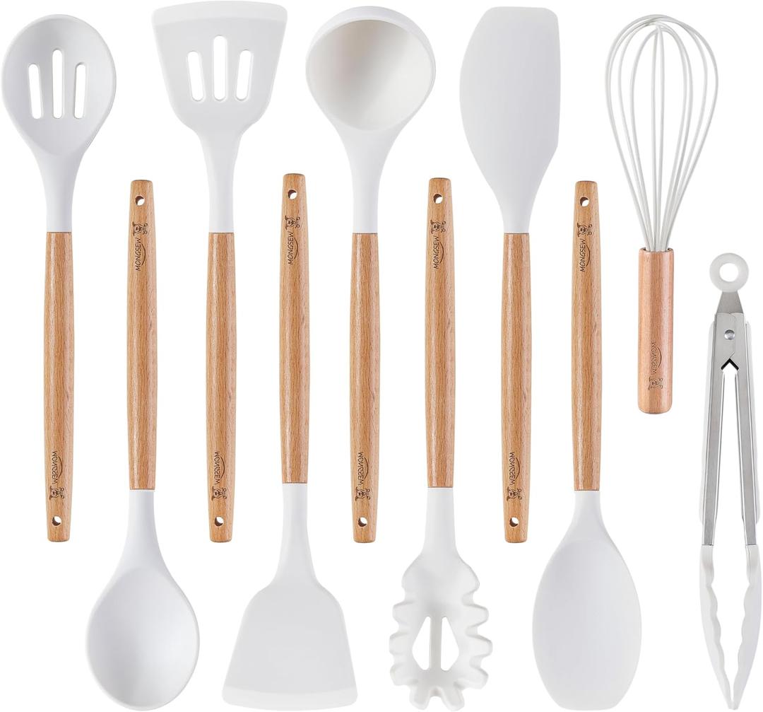Silicone Cooking Utensils Set, MONGSEW Heat Resistant Kitchen Utensils for Cooking with Wooden Handle, Spatula Turner Spoon Tongs Whisk (WHITE, Smile Dog Pattern)