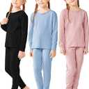 Resinta Girls Cotton Thermal Underwear Set Toddler Long Johns Kids Winter Base Layer Top & Bottom (9-10 Years, Black, Light Blue, Dusty Pink)