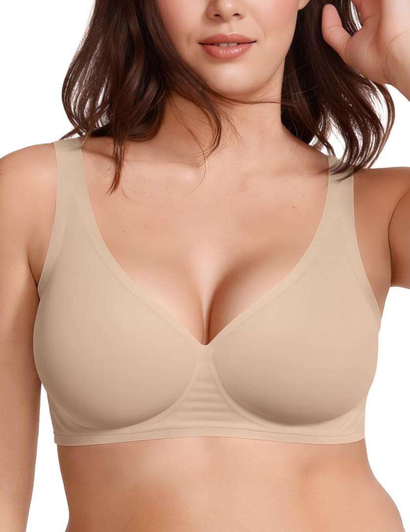Vertvie Jelly Wireless Bras for Women Push Up Plunge Seamless T-Shirt Bras No Underwire Supportive Full Coverage Bralettes (Large, Dark Nude)