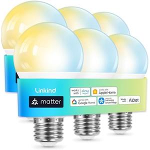 Linkind Matter Smart Light Bulb, Tunable Soft White to Daylight, Compatible with Alexa/Apple Home/Google Home/AiDot, 2.4GHz Wi-Fi Bluetooth, 800LM 60W Equivalent, A19 E26 6-Pack