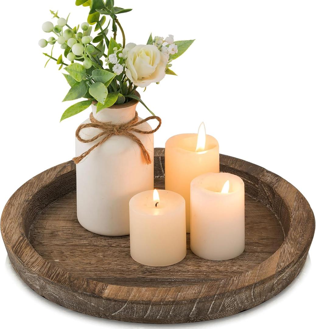 Hanobe Candle Plate Holder Tray: Round Wood Decorative Candle Plate Decor Farmhouse Table Centerpiece Rustic Wood Tealight Pillar Trays for Christmas Wedding Halloween Home Decor (Distressed)