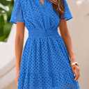 PRETTYGARDEN Womens 2025 Summer Short Dress V Neck Short Sleeve A Line Hollow Out Lace Ruffle Cute Casual Beach Party Dresses (Blue, L)