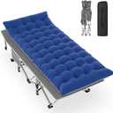 Slendor Folding Camping Cot with Mattress for Adults,74L x 28W x 15H, Portable Sleeping Cot Bed for Tent, Office, Camping, Outdoor, Striated Gray Cot,Gray+Blue Pad,500lbs Load (Denim)