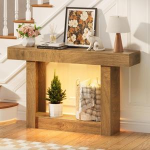 47.2" Entryway Table with Outlet, 2-Tier Console Table with Sensor Light | Farmhouse Entry Tables with Open Storage, Behind the Couch Sofa for Hallway/Living Room/Entrance, Natural Oak