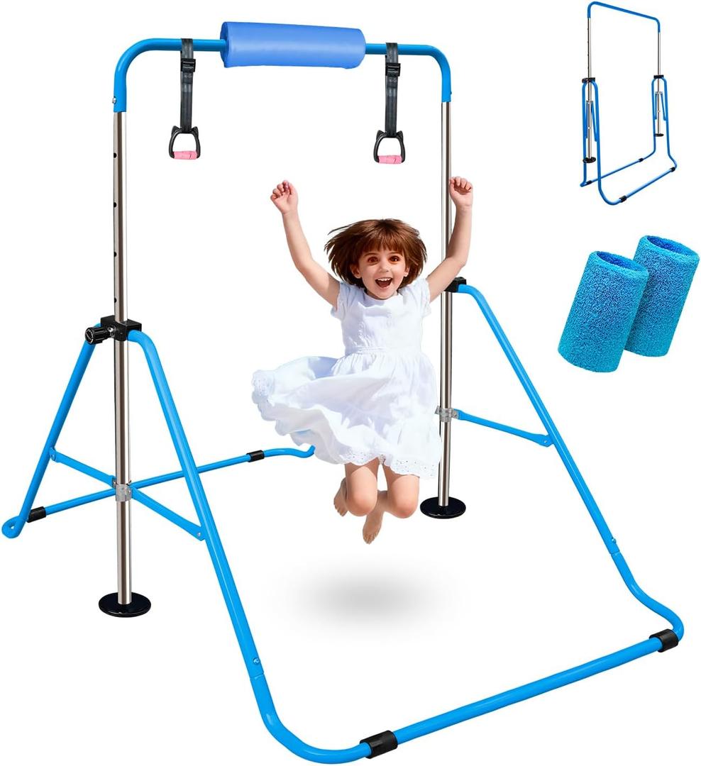 Folding Gymnastics Bar for Kids, Adjustable Height Junior Training Kip Bar, Home Expandable Horizontal Gymnastic Monkey Bars Equipment, Upgrade with Foam Bar Pad and 2 Gymnastics Wrist Grips for Free (blue)