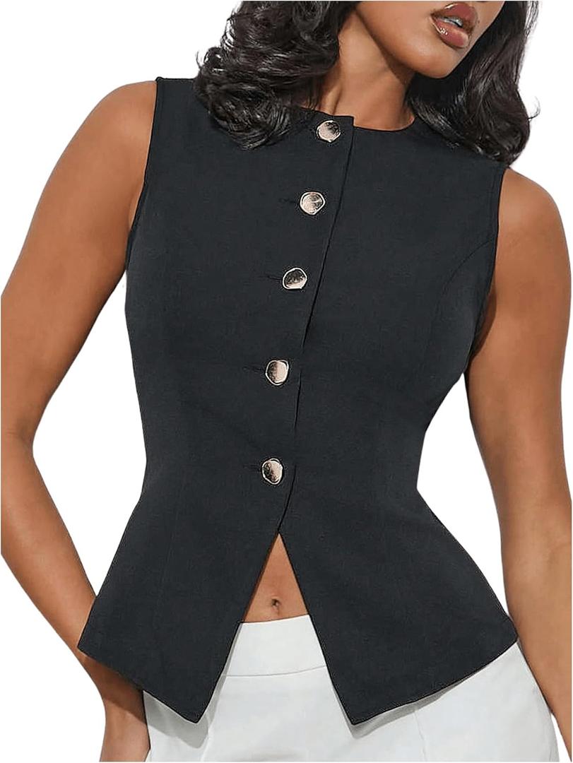 MakeMeChic Women's Vest Top Crew Neck Button Down Casual Blazer Vests Sleeveless Work Office Tops (Black) XS MakeMeChic Women's Vest Top Crew Neck Button Down Casual Blazer Vests Sleeveless Work Office Tops (Black) XS
