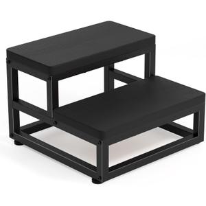 Two-Step Stool for Adults & Kids, Waterproof HDPE Bed Step with Adjustable Non-Slip Feet, Sturdy Metal Frame for Kitchen, Bathroom, Bedroom, RV & Outdoor Use, Black (Double Tier)