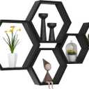 WONFUlity Hexagon Floating Shelves Honeycomb Shelves Wall Mounted Wood Farmhouse Storage Wall Shelf for Bathroom, Kitchen, Bedroom, Living Room,Driftwood Finish Decor, Black (5PC)
