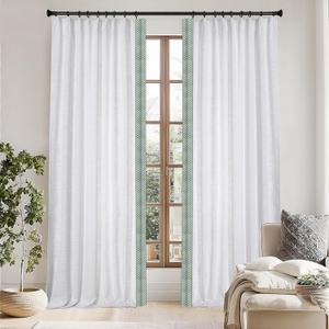 Natural Linen Embroidered Border Curtains, Rod Pocket Back Tab Room Light Filtering Indoor Privacy Window Panel, Suitable for Bedrooms and Living Rooms (2 Panels, Snow White V2,50Wx96L)