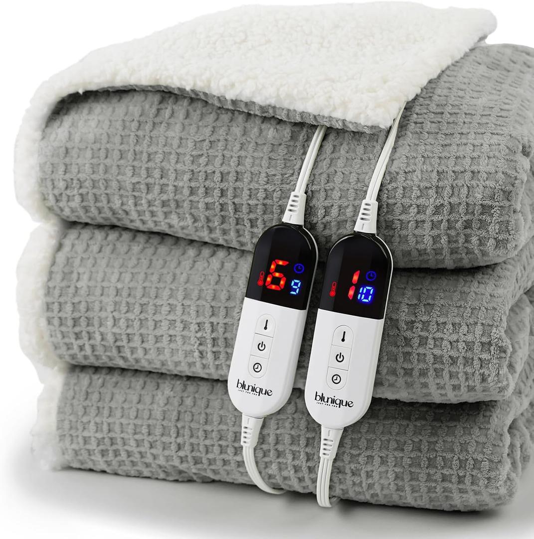 Heated Blanket Electric Blanket King Waffle,90x100 Inches Sherpa Fleece Fast Heating Blanket 6 Heating Levels & 10 Hours Auto Off ETL Certification, Grey King