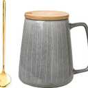 Large Ceramics Coffee Mugs,with Spoon and Wooden Lid,for Coffee,Tea,Cocoa,Large Handle Design,Microwave Dishwasher Safe (Gray Set)