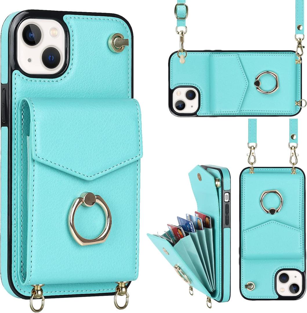 iPhone 12/iPhone 12 Pro Case 6.1 inch, Minimalist Wallet Case with Rotatable Ring Holder and Shoulder Strap, Shockproof Faux Leather Protective Cover - Blue