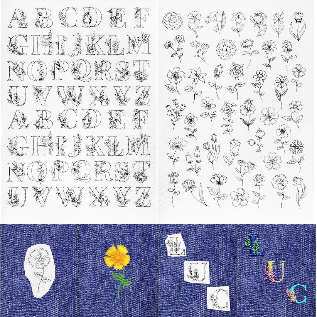 2 Sheets Stick and Stitch Embroidery Patterns, Embroidery Pattern Water Soluble Embroidery Stabilizers Wash Away Embroidery-Paper Designs with Pre-Printed Floral Letter for Hand Sewing Beginners