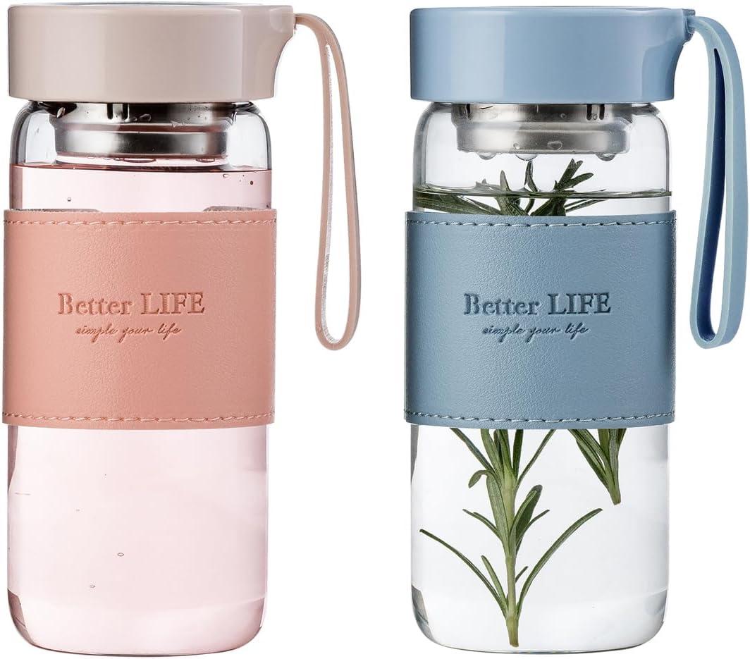 Glass Tea Bottle 16 oz Drinking Bottle with Non-Slip Holster, and Stainless Tea leak, Leak Proof Lid, Portable Glass Water Bottle for School, Office, Car, Home, as a gift, etc (Blue+Pink)