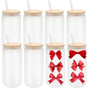8 Pack Sublimation Glass Cans with Bamboo Lids - Frosted Borosilicate Tumbler Mason Jar Cups for Beer, Juice, Iced Coffee, Drinks - 20oz