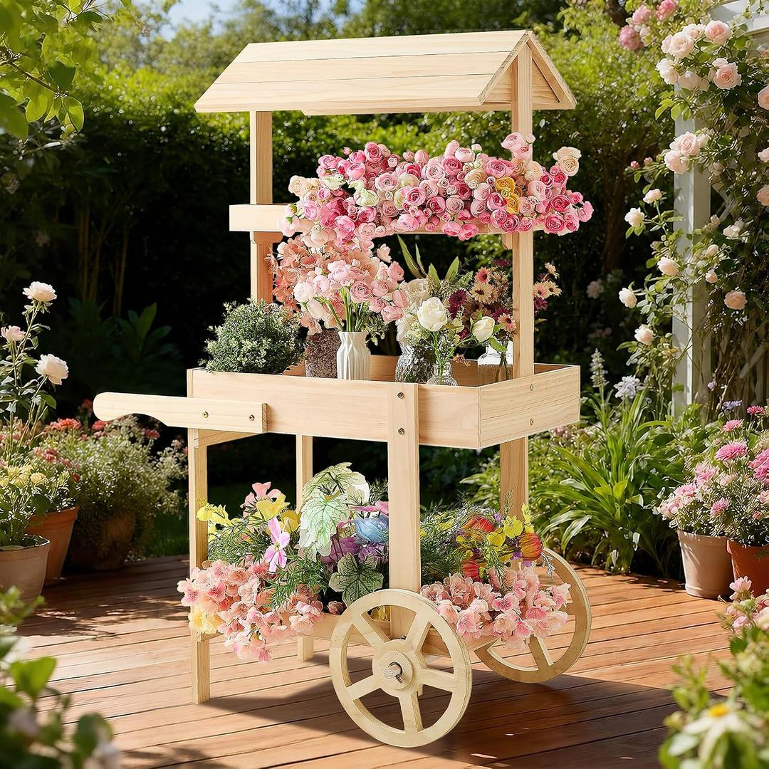 Flower Cart Display Stand with Wheels, 3-Tier Wooden Candy Cart for Party, Dessert Cart with Canopy Roof for Weddings, Bridal Shower, Baby Shower, Market & Event Decor (wood)