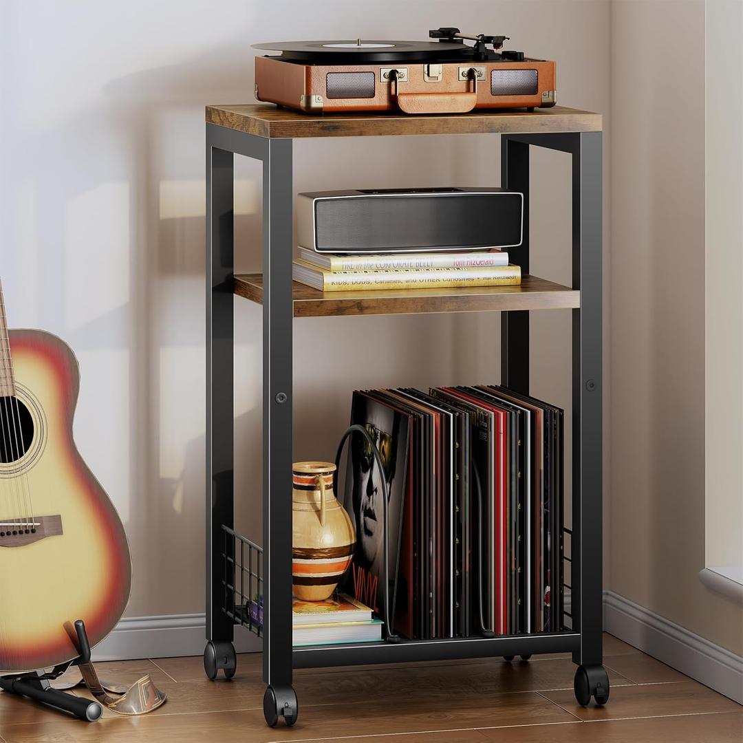 Small Side Table, 3 Tier Moveable Small End Table, Record Player Stand with Records Shelf, Tall Nightstand for Bedroom, Living Room, Sofa, Office, Bathroom (Vintage Brown)