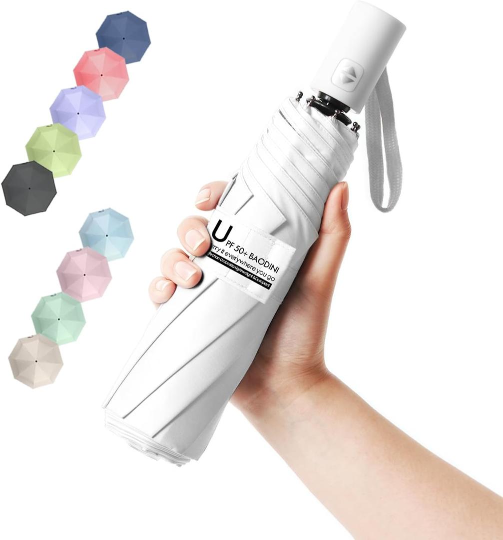BAODINI Small UV Protection Travel Umbrella Compact for Rain and Sun UPF 50+ Windproof Portable 42 inch Umbrella for Women and Men
