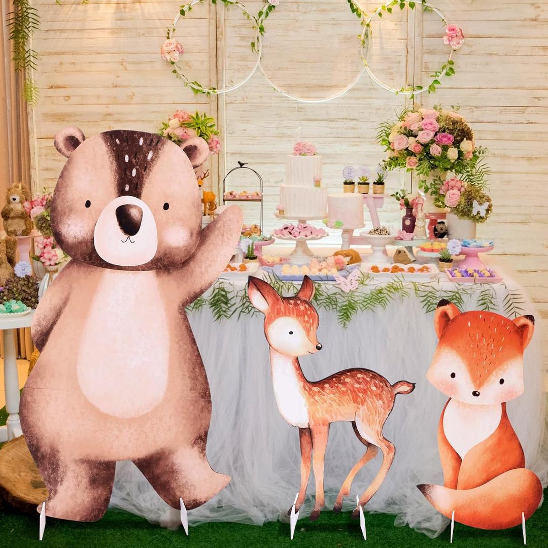 Leinuosen 3 Pcs Large Woodland Animals Baby Shower Decorations Set 23-35 Inch Woodland Party Stand Decoration Bear Fox Deer Cardboard Cutouts Forest Theme Photo Booth Prop for Nursery Birthday Party