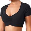 TAYOEA Crop Tops Workout for Women Yoga Short Sleeve Shirts Seamless V-Neck Gym T Shirts with Built in Pads (Large, Black)