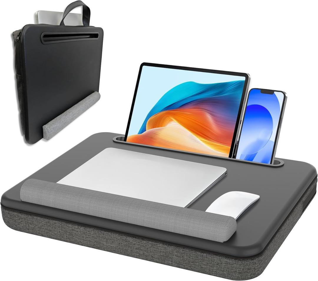 Lap Desk - Portable Laptop Desk Fits up to 15.6 inch Laptops, Wrist Pad, Storage Function, Tablet & Phone Holder, Laptop Stand for Home Office Study (Black & Dark Gray)