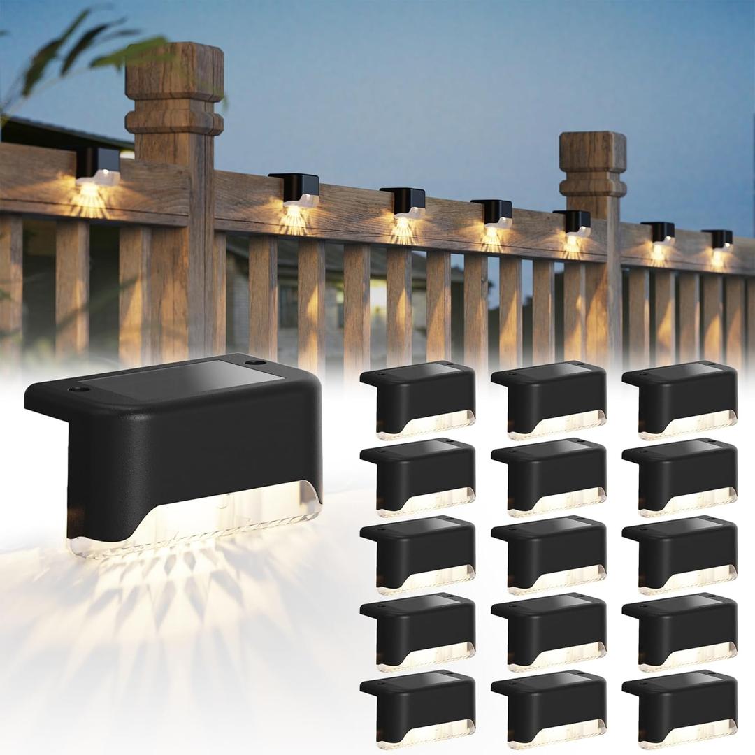 JACKYLED Solar Deck Lights 16 Pack Solar Fence Light Solar Powered Outdoor Step Light IP65 Waterproof LED Pathway Light for Deck Fence Railing Garden Patio StairYard, Black
