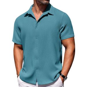 COOFANDY Mens Short Sleeve Button Down Shirts Waffle Shirt Casual Beach Summer Shirts Wrinkle Free Vacation Shirts (Small, Peacock Blue)