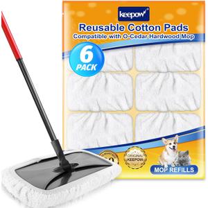 KEEPOW Reusable Mop Pads Compatible with O Cedar Hardwood Floor'N More Microfiber Mop, Mop Refill Heads Replacements for Wet and Dry Use, 15x8 Inch, 6 Pack