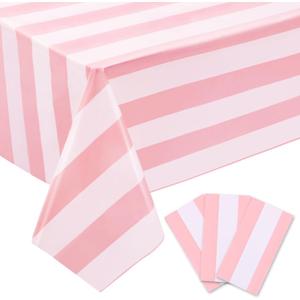 3 Packs Pink and White Striped Tablecloths 54 x 108 Inch Disposable Waterproof Plastic Table Covers Horizontal Pink Striped Tablecloths for Birthday Party Baby Shower Wedding Outdoor Picnic