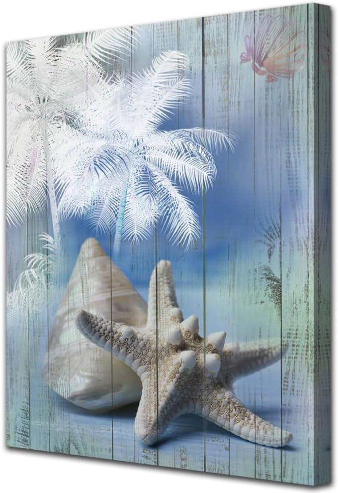 Acocifi Bathroom Wall Art, Coastal Wall Art for Bathroom, Blue Pictures, Starfish Seashell Canvas Print Artwork for Bedroom Living Room Nursery Home Painting Decor 12"x16"