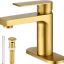 Gold Bathroom Faucet 1 Hole, Single Handle Brass Bathroom Sink Faucet with Deck Plate & Metal Pop-Up Drain & Water Supply Lines Included, Modern Gold Bathroom Vanity Faucet, Brushed Finish (Gold)