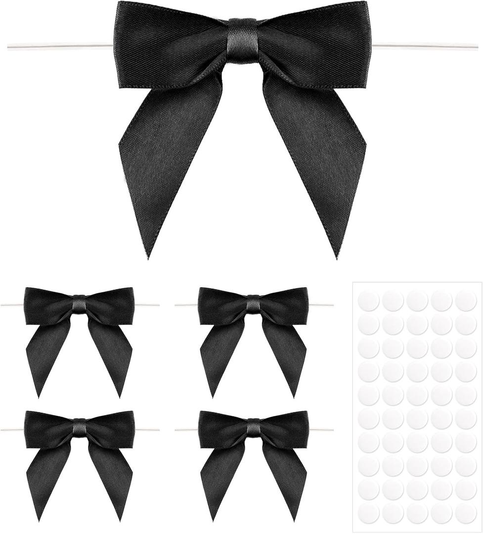 Anwyll 50Pcs Twist Tie Bows - 3.5Inch Premade Gift Bows for Cake Gift Wrapping Balloon Craft Treat Bag Satin Ribbon Bow for Halloween Decoration Birthday Party Bridal Shower Wedding Favors (Black)