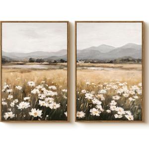 Vintage Large Landscape Framed Canvas Wall Art Set of 2 16"x24", Minimalist Meadow Flower Mountain Painting Prints, Neutral Floral Nature Artwork Living Room Bedroom Modern Farmhouse Decor